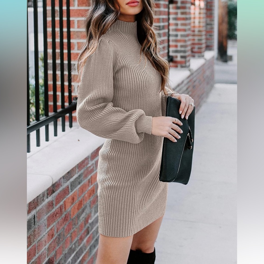 Women Turtleneck Long Sleeve Knit Stretchable Bodycon Mini Sweater dress